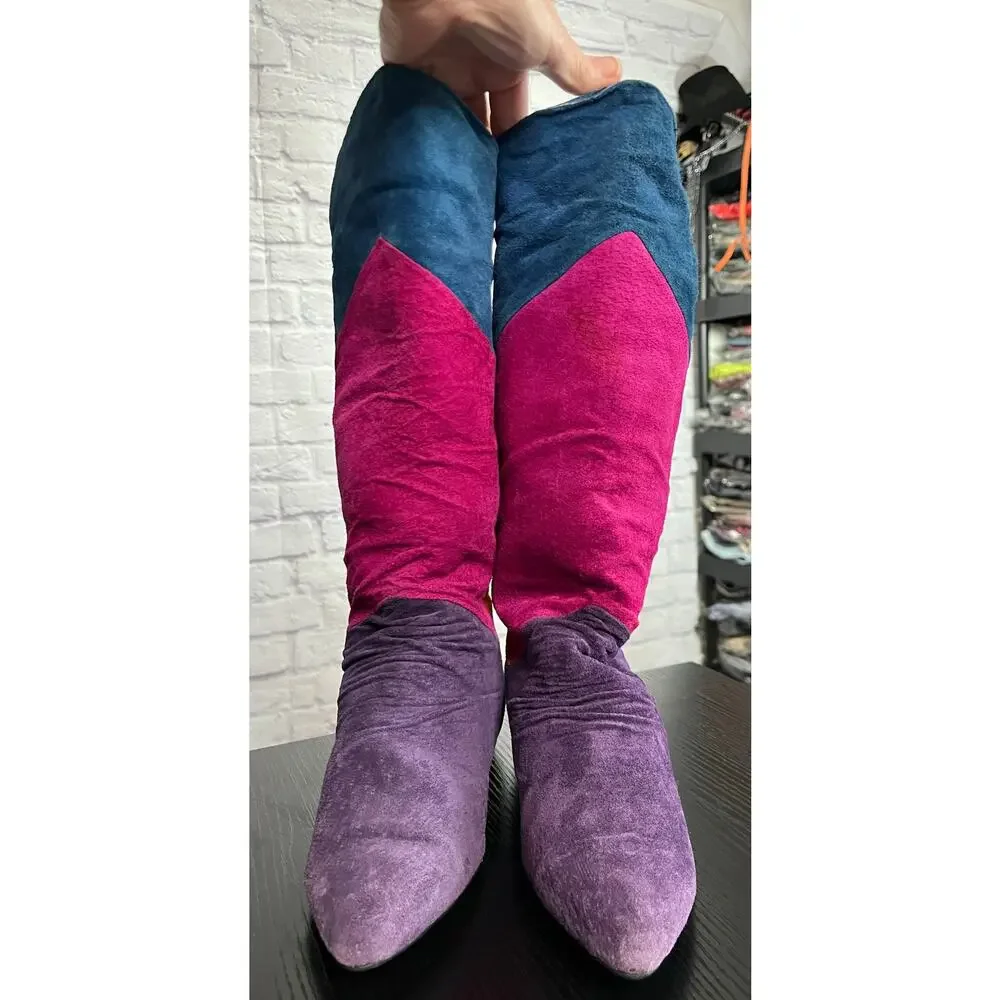 Amazing Vintage 80's Queen's Vibrant Suede Leather Colorblock Pointed Toe Boots